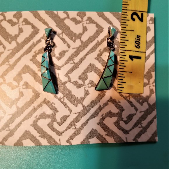 Genuine Turquoise and Silver Drop Earrings - Picture 2 of 3